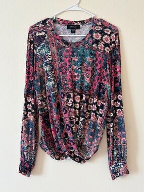 Karen Kane Pink & Teal Mixed-Print Long Sleeve Twist-Hem Top Shirt Blouse XL